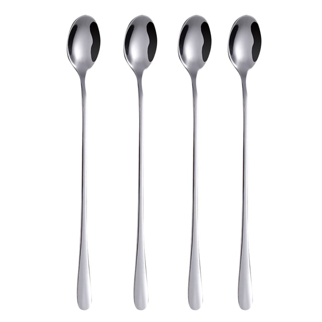 Binwennn 9 Inch Long Handle Iced Tea Spoon Coffee Spoon Ice Spoon Stainless Steel Mixing Spoon Set of 4. The image displays four polished stainless steel spoons with 9-inch long handles, ideal for iced tea, coffee, and mixing. The spoons are neatly aligned vertically on a white background, emphasizing their sleek and durable design.
