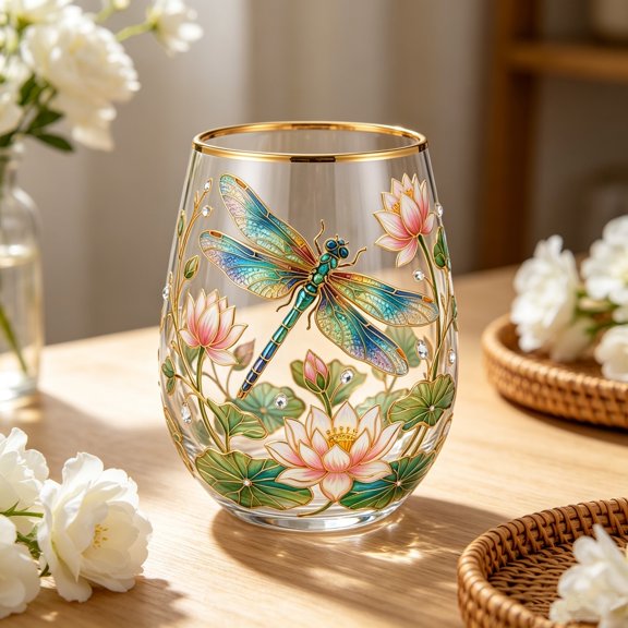 Czzoypi Decorative Stemless Wine Glass with Gold Rim, Printed Glass Cup for Wine, Turtle Floral Elegant Drinking Glass for Parties Gifts