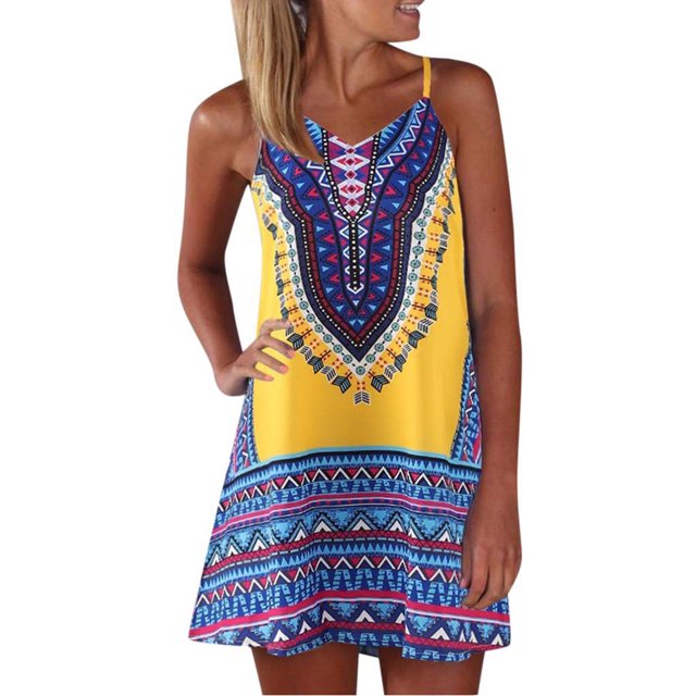 Fridja Robe d'Été pour Femmes à Imprimé, à Blocs de Couleur, Sans Manches, Mini Robe Soleil, Robe à Bretelles