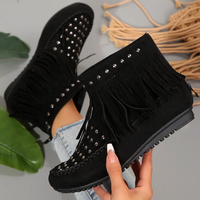 LSLJS Bottes à Franges à Semelle Plate Décontractées pour Femmes pour l'Extérieur, Chaussures Plates pour Dames, Bottines et Bottillons pour Femmes, Cadeau pour Femmes