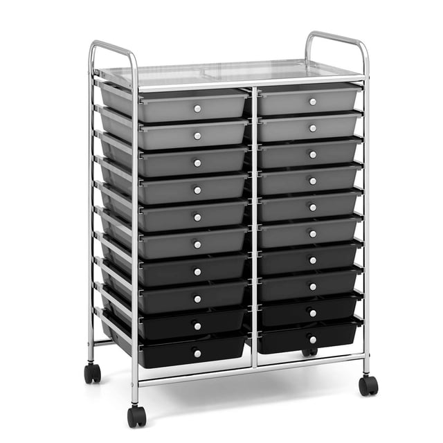 Costway 20 Drawers Rolling Storage Cart Art Craft Organizer on Wheels Multipurpose Grey. This utility cart features a sturdy metal frame with 20 removable grey plastic drawers arranged in two columns. The cart includes a top platform for additional storage and is equipped with 4 swivel wheels, 2 of which are lockable, for easy mobility. Ideal for organizing art supplies, office materials, or tools, it measures 25 inches in length, 15 inches in width, and 35 inches in height.