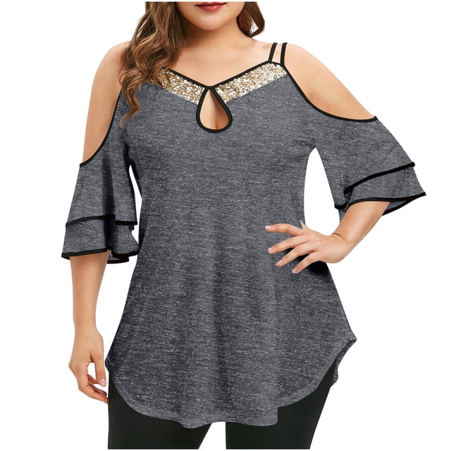 Timegard Plus Size Tops for Women Keyhole Neck Cold Shoulder Ruffle 1/2 Sleeve Comfy Tee Casual Tunic Tops
