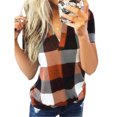 thumbnail image 2 of Femmes T-Shirt V Cou à Manches Courtes Top Plaid V Col Imprimé Blouse Décontractée, Orange, S, 2 of 3