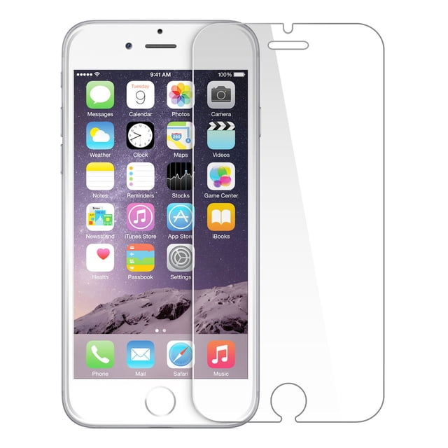 KeeGuard Tempered Glass Screen Protector for Apple iPhone 7 / 8, featuring ultra-clear 98% HD transparency and anti-fingerprint coating. The screen protector is shown aligned with an iPhone, highlighting its precise fit and cutouts for the home button and speaker. Includes one tempered glass, an alcohol swab, and a cleaning cloth for easy, bubble-free installation.