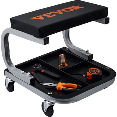 VEVOR Siège Roulant pour Garage/atelier, Tabouret d'Atelier Roulant Rembourré Capacité de 250 Lb avec Rangement sur Plateau à Outils, Tabouret de Mécanicien pour Garage, Atelier, Réparation Auto, Noir