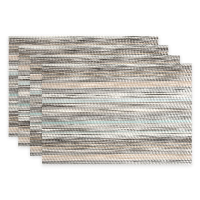 Stain Resistant Placemats, Washable With Minimalist Design, featuring a set of four rectangular placemats with a striped pattern in neutral tones including beige, gray, and light teal. Ideal for dining tables, these table linens offer easy maintenance and customizable options to match personal decor preferences.