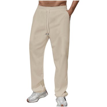 LNWUY Men's Cotton Linen Pants Solid Color Elastic Waist Breathable Comfortable Soft Beach Casual Trousers Full Length Pants Beige S