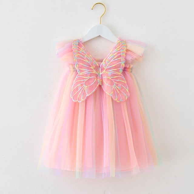 Robes pour Filles - Robe de Fête pour Tout-Petites à Manches Volantées avec Ailes, Teinture sur Nœuds Arc-en-Ciel, pour les Vacances, la Danse et Se Déguiser