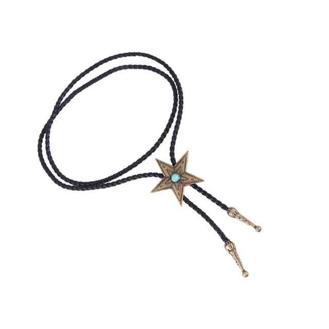 Black PU Leather Western Cowboy Cowboy Necklace Rodeo Necklace Rodeo Star Rodeo Bolo Tie Bola Necklace Antique Brass