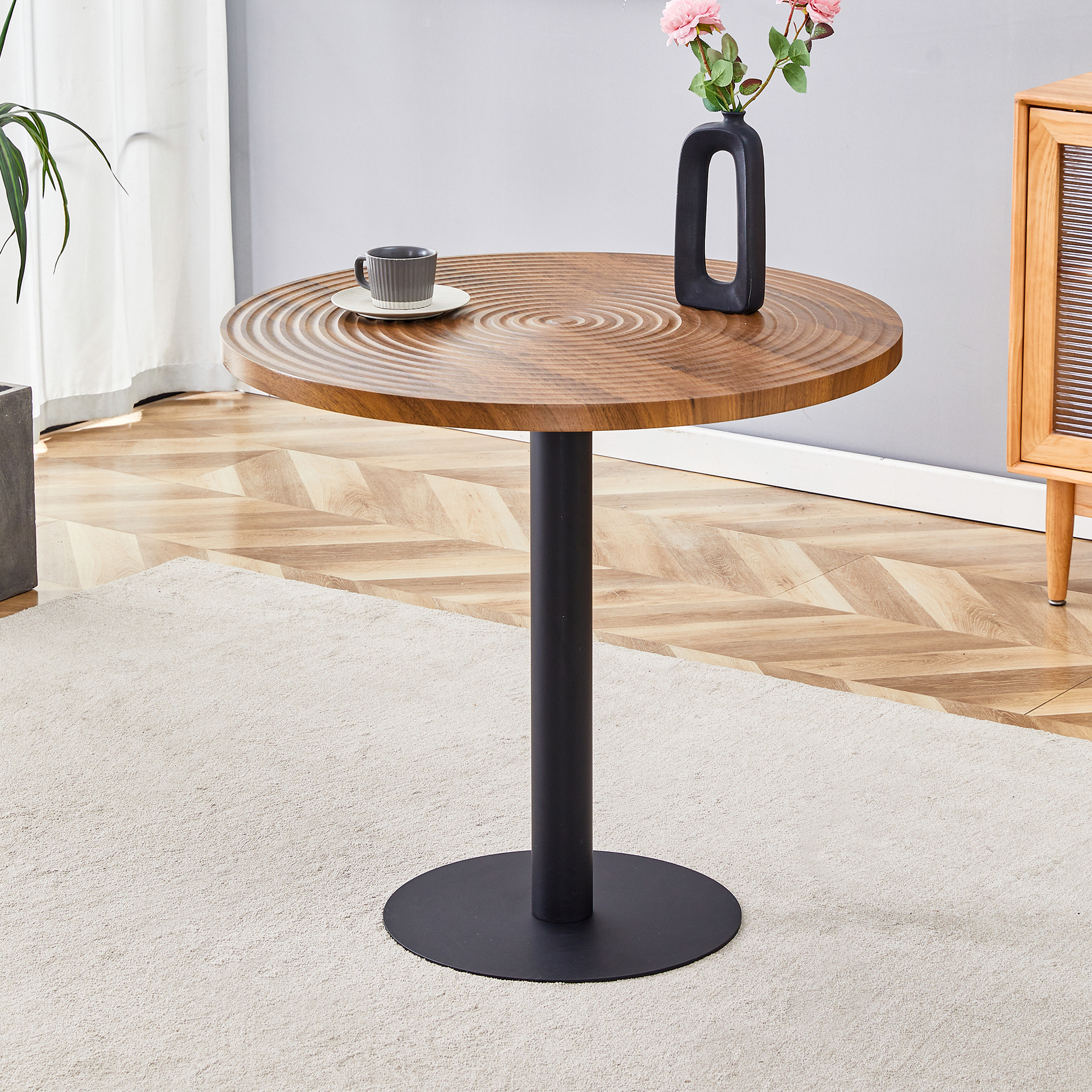 Table de salle à manger ronde Noble House 80 cm, grain de bois foncé avec texture annulaire, noir, bois
