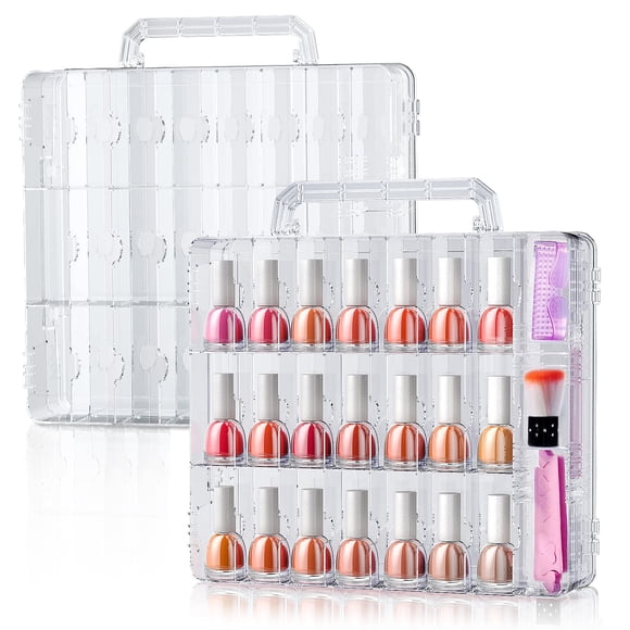 SUBAY 2 Pcs Organiseur de Vernis à Ongles Portable, Support de Vernis à Ongles Double Face Transparent, Rangement pour 48 Bouteilles avec 6 Séparateurs Réglables de Chaque Côté Économiseur d'Espace