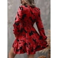 thumbnail image 4 of Robe Courte à Fleurs pour Femme à Manches Longues, Décontractée, Col en V, Chiffon, Modeste, Bohème, Fluide, Automne, Invitée de Mariage, Bordeaux, L, 4 of 9