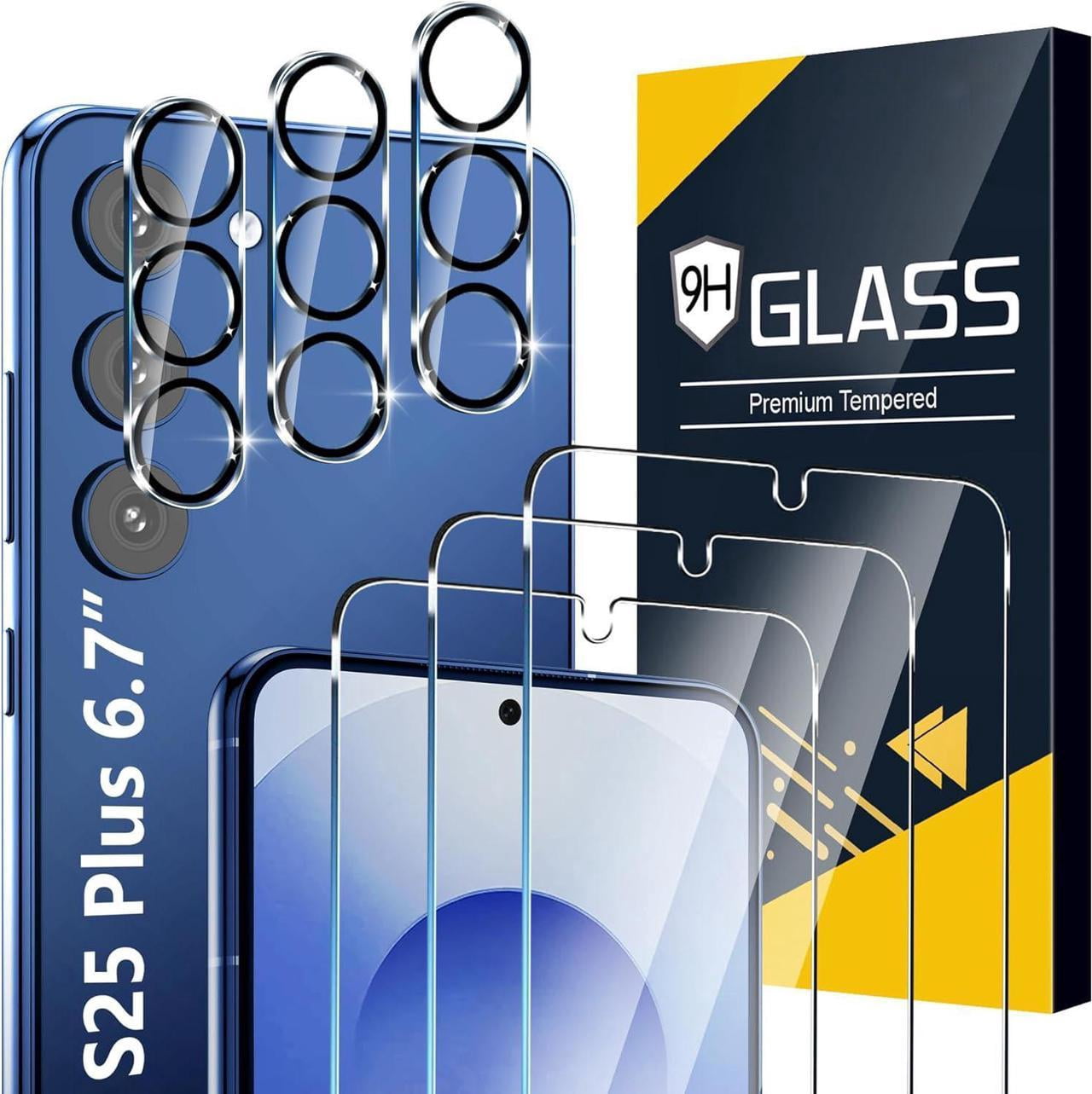 3 Pack Glass Screen Protector for Samsung Galaxy S25 Ultra [6.9 inch] + 3 Pack Camera Lens Protector, 9H Tempered Glass, Fingerprint Unlock, HD Clear Case Friendly Anti-Scratch