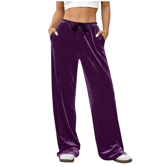 FRSASU Women's Velvet Pants Drawstring Elastic Waist Loose Wide Leg Solid Casual Lounge Pants with Pockets Purple S(S)