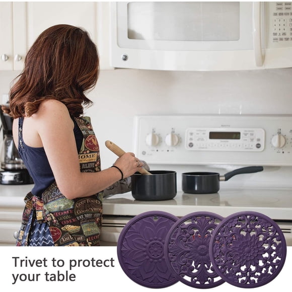 RKSTN Kitchen SuppliesSilicone Trivet Mat Set with 3 Carved Patterns Hot Pot Holder Hot Pads Decorations for Home Kitchen Decor