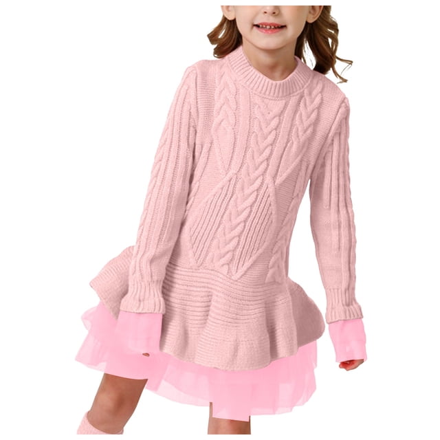 Splozh Robe pour Bébés Filles Tenues Printemps et Automne Filles Hiver Robe de Fête à Manches Longues Robe en Maille à Motif Rose, 18-24 Mois