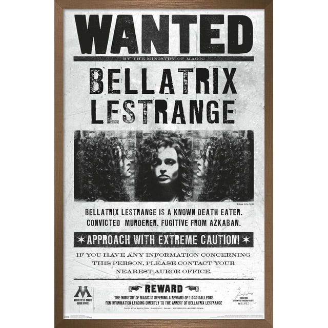 Le Monde des Sorciers : Harry Potter - Affiche Murale de Bellatrix Recherchée, 14,725 Pouces x 22,375 Pouces Montre une Affiche Encadrée de Style Vintage avec Texte Noir Audacieux « Wanted » et « Bellatrix LESTRANGE ». Elle Présente Deux images Latérales en Noir et Blanc de Bellatrix LESTRANGE aux Cheveux Bouclés sur un Fond en Papier Usé. l'Affiche Avertit Qu'Elle Est une Mangeuse de Mort Connue, une Meurtrière Convaincue et une fugitive