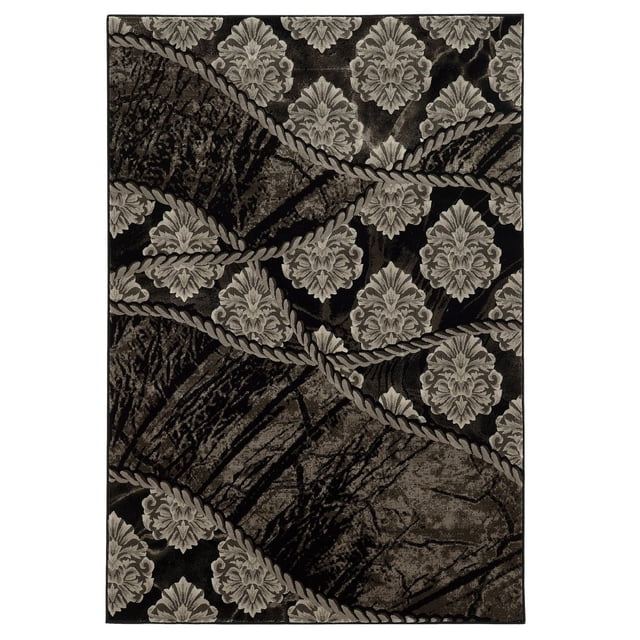 Jewel Ybor Brown & Black 5' x 7'6" area rug power loomed in Turkey, made of 100% heat set polypropylene with dense 1 to 1.5 million points per m² construction, featuring beige damask floral motifs and rope-like accents on a brown and black textured background, ideal for defining spaces in small rooms.