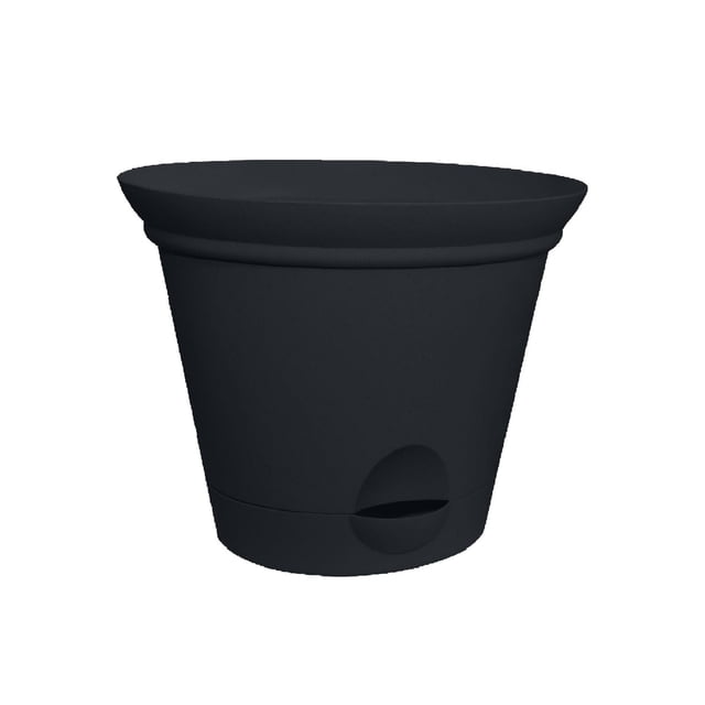 Misco 6.8IN FLARE SW Planter BLACK, a matte black resin planter with a traditional flared shape, 6.8 inches diameter and 5.2 inches high, featuring a self-watering reservoir to prevent over and under watering, suitable for indoor or outdoor garden use and often used as a decorative container for small plants.