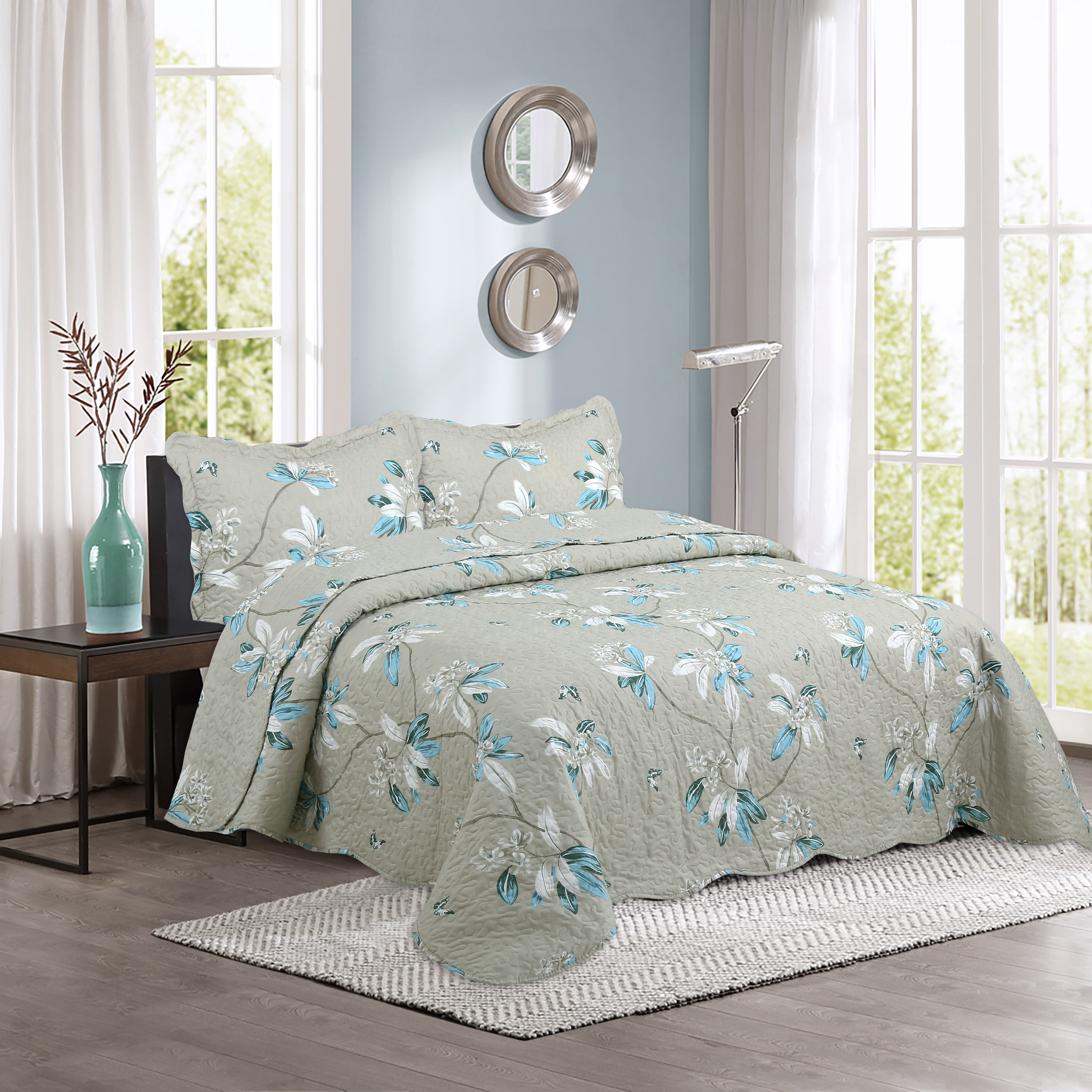 Marina Decoration Couvre-lit à imprimé riche et coutures ultra douces, parure de lit d'été avec taie d'oreiller matelassée, motif floral taupe moderne