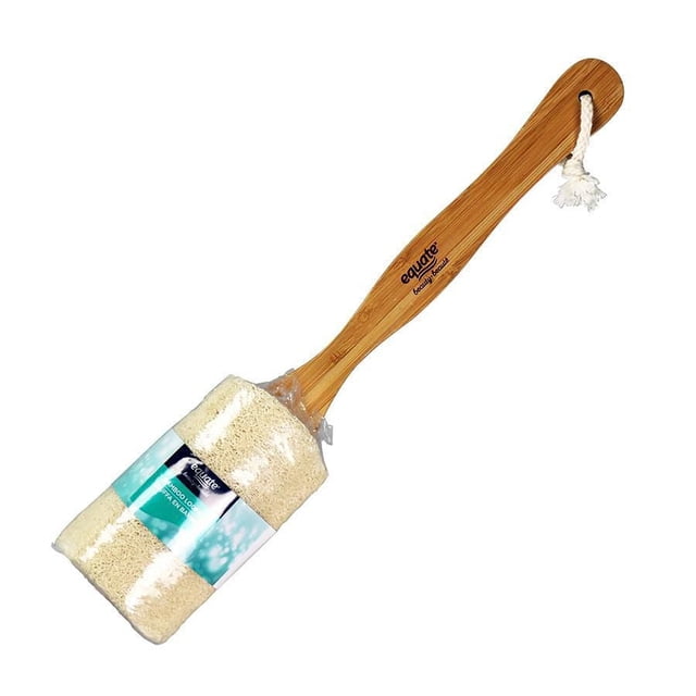 EQUATE BEAUTY BAMBOO LOOFAH with a natural beige loofah head wrapped in plastic attached to a long bamboo handle featuring a hanging rope loop, designed for gentle exfoliation and cleansing in bath and shower care, suitable for adult use.
