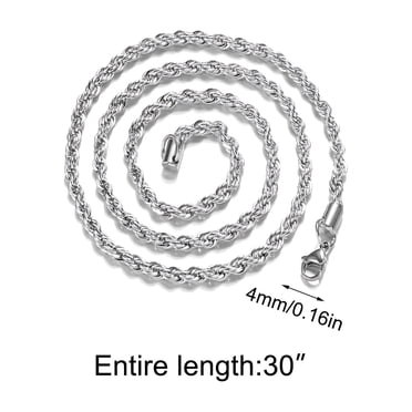 HHBEAUTY Stainless Steel Chain 925 Silver Rope Chains 4mm Twist Rope Necklace 30 Inch, Stainless Steel Rope Jewelry for Men & Women