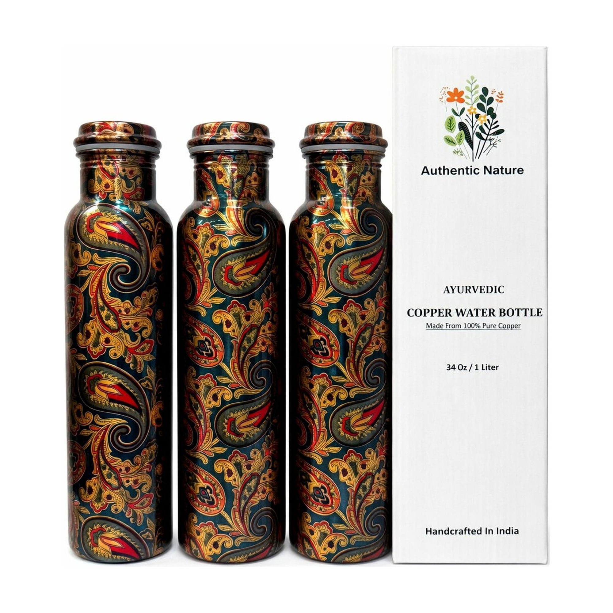 Authentic Nature Ayurvedic Copper Water Bottle, Pure Copper, 1 Litre/34 Oz, Multicolor Designer, With Health Benefits, Handcrafted in India (Pack of 3 Bottles)