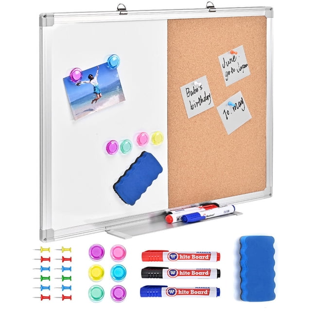 Whiteboard & Bulletin Corkboard Combination, Combo Board 18 x 24 Inches Magnetic Whiteboard with an aluminum frame. The board features a dual surface: a magnetic whiteboard for writing and drawing, and a corkboard for pinning notes and photos. Includes a removable aluminum marker tray, three markers, six magnets, a magnetic eraser, and 12 coloured pins. Designed for wall mounting with included fixing kits, suitable for office, home, and school use.
