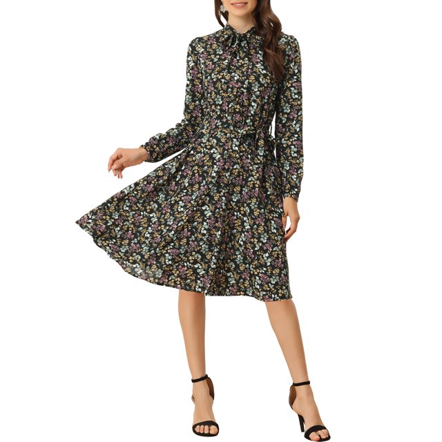 INSPIRE CHIC Robe Vintage à Fleurs pour Femme à Col Noué en Chiffon à Manches Longues avec Ceinture S Noir