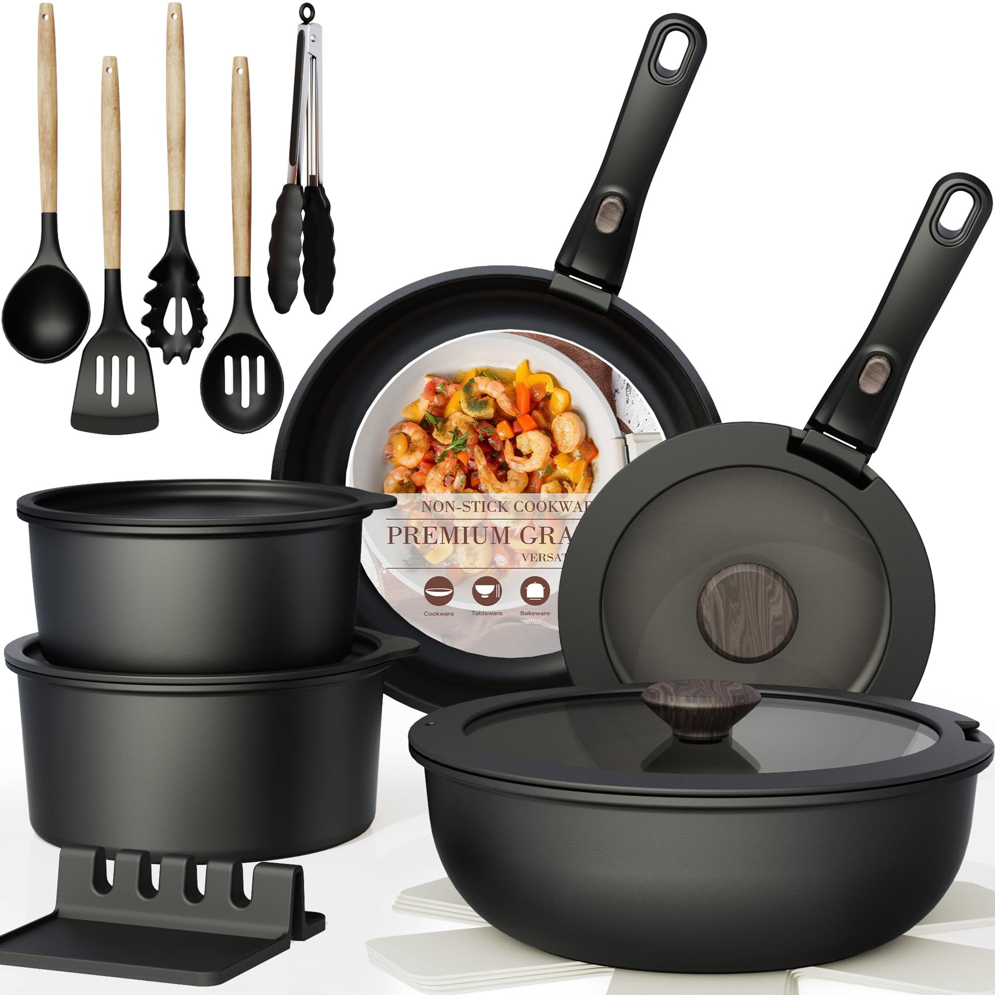 Astercook Non Stick RV Pots and Pans Ceramic Kitchen Cookware Set with Detachable/Removable Handle, Oven Safe, Induction Ready, Stackable, Black, 21