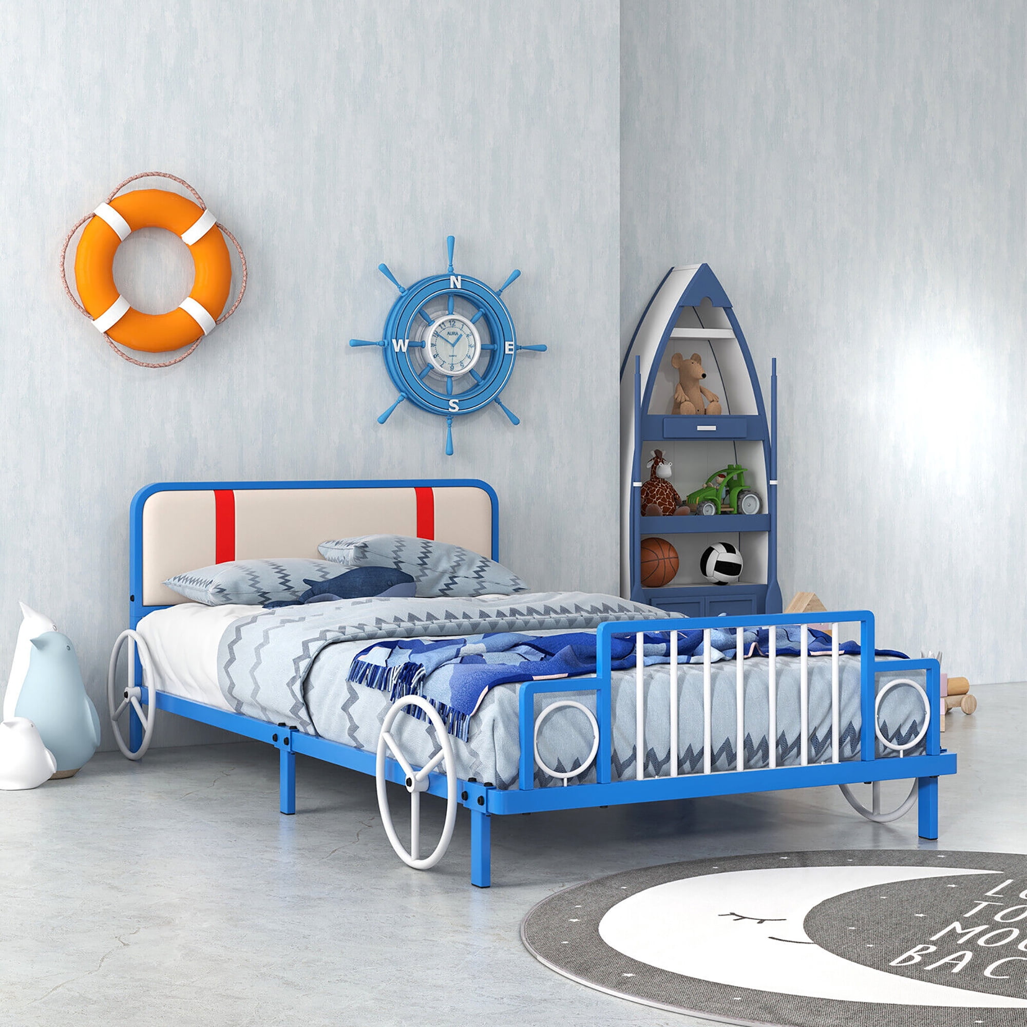 Gymax Lit pour Enfants Format Simple Cadre de Lit en Métal en Forme de Voiture avec Tête de Lit Rembourrée