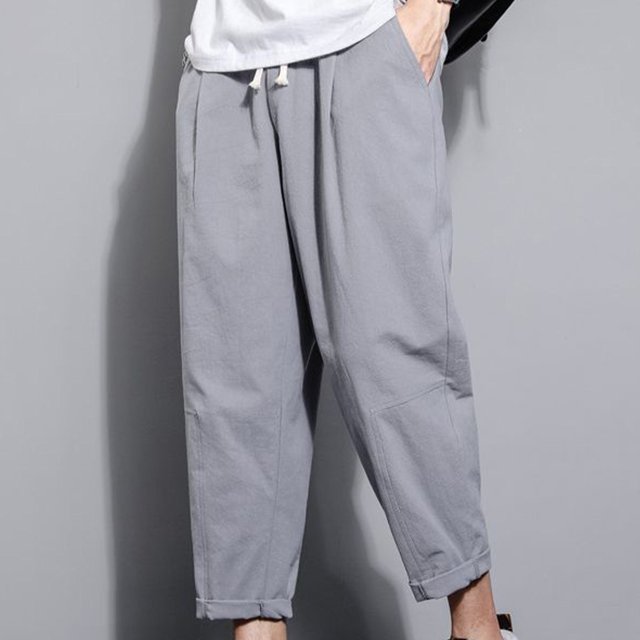 asjyhkr Plus Size Mens Linen Pants Elastic Waist Drawstring Hiking Beach Cropped Pants with Pockets,M-5XL