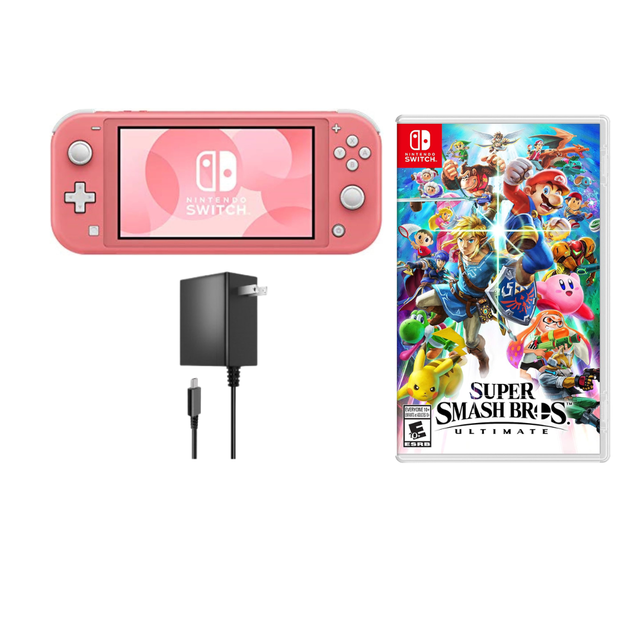 Nintendo Switch Lite Handheld Console Coral Pink Refurbished Bundle with Super Smash Bros. Ultimate Game