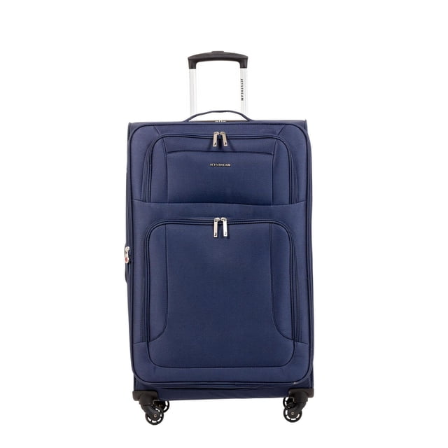 JT Valise Souple 28 Po à Roulettes Pivotantes Bleu Marine avec Fermeture Éclair Extensible, Deux Poches avant à Glissière, Sangles de compression Internes, Poignée Télescopique à Verrouillage Multi-Niveaux et Quatre Roues Pivotantes à 360 Degrés pour des Déplacements Aéroportuaires Faciles.