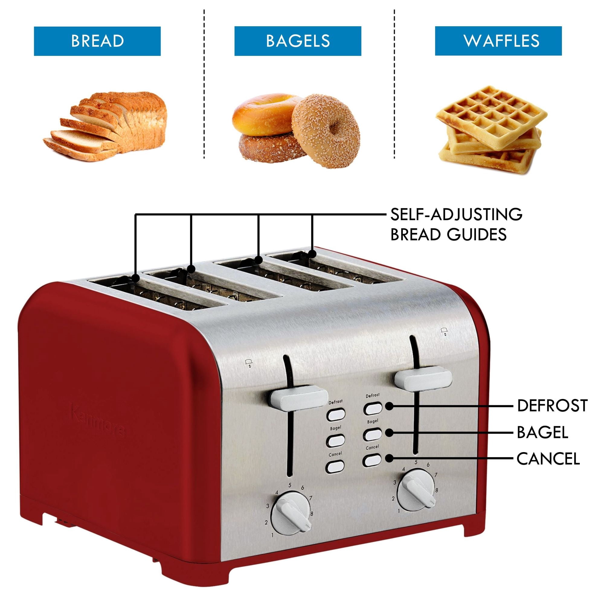Kenmore Grille-pain 4 tranches en acier inoxydable, commandes doubles, fentes extra larges, 9 niveaux de brunissage, pour muffins anglais et plus