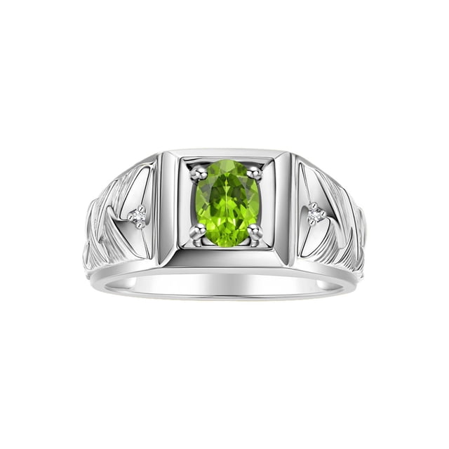 RYLOS Men's Rings 14K White Gold Rings Designer Weave Band 7X5MM Oval Gemstone & Diamond Ring Peridot August Birthstone Rings For Men, Size 12