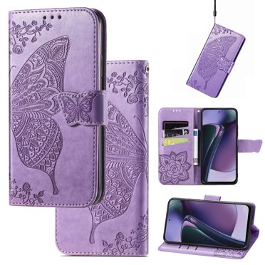Feishell Wallet Case for Motorola Moto G Power 5G 2024,Butterfly & Flower Embossed PU Leather TPU Inner Shell Magnetic Flip Stand Card Slots Shockproof Protective Phone Cover,Lightpurple