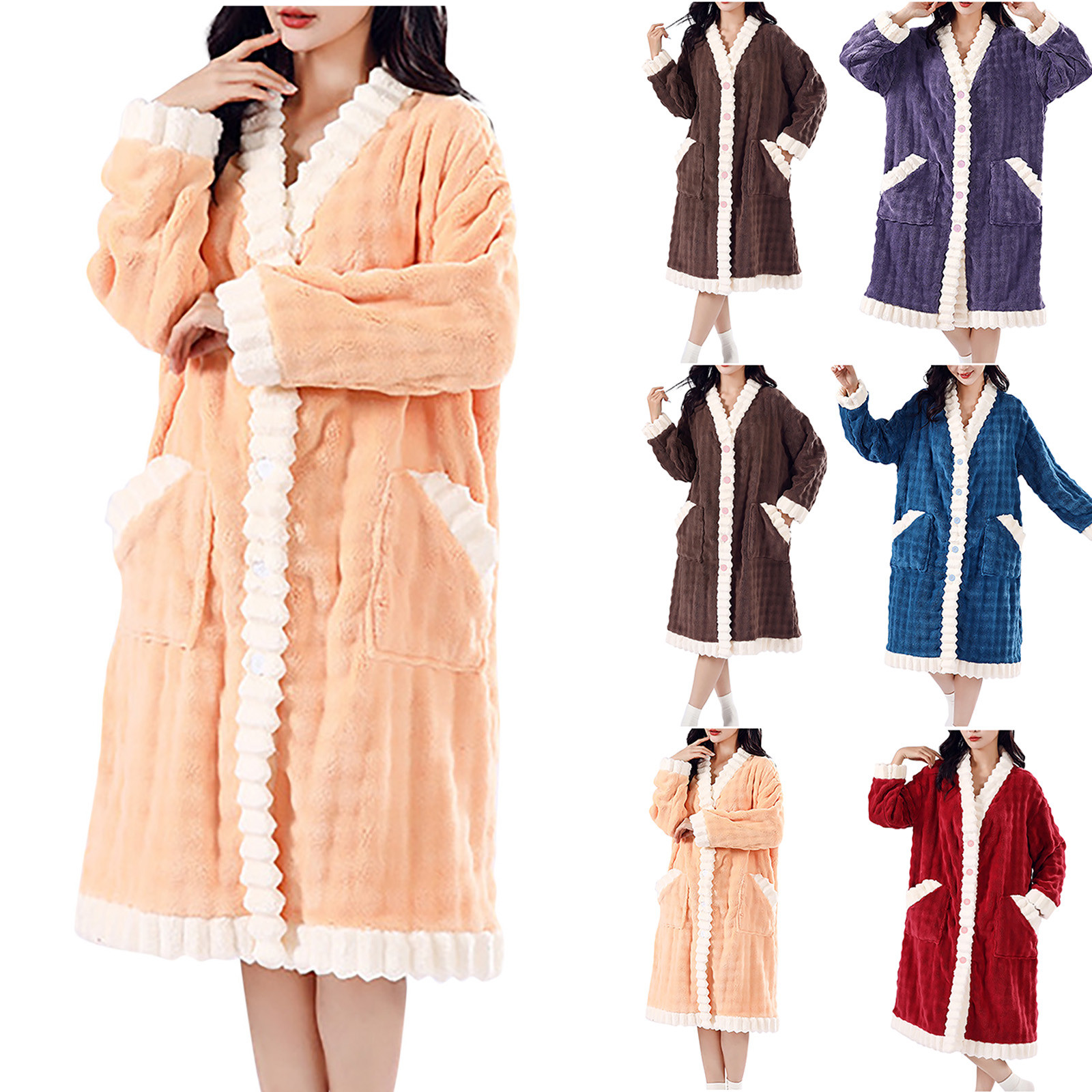 Feancey Fleece Robes for Women Long Plush Nightgowns Winter Thicken Warm Sleepwear Belted Shower Robe Soft Cozy Fuzzy Bathrobes with Pockets Brown Free Size