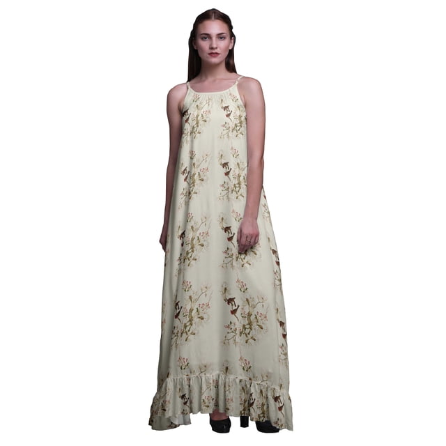 Bimba Rose Pâle2 Robe Longue Maxi à Imprimé Floral d'Oiseaux et de Magnolia pour Femmes, Nuisette en Rayonne à Bretelles Spaghetti, Vêtement de Nuit pour Dames XXX-Large