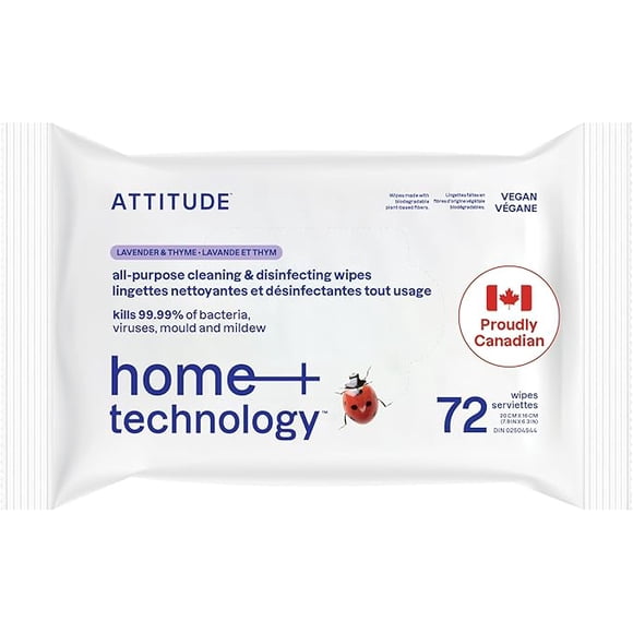 ATTITUDE All Purpose Disinfecting Wipes, Kills 99.99% of Germs & Viruses, Biodegradable, Vegan, Lavender & Thyme Scent, 72 Count