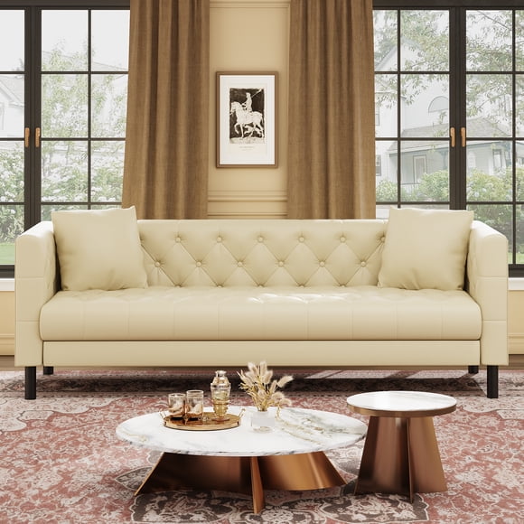 Canapé Chesterfield Mi-Siècle – 81 Pouces Similicuir Blanc 3 Places – Assise Profonde avec Capitonnage à Boutons Fait à la Main – 2 Coussins Inclus – Assise Rembourrée Confortable – Salon, Appartement,