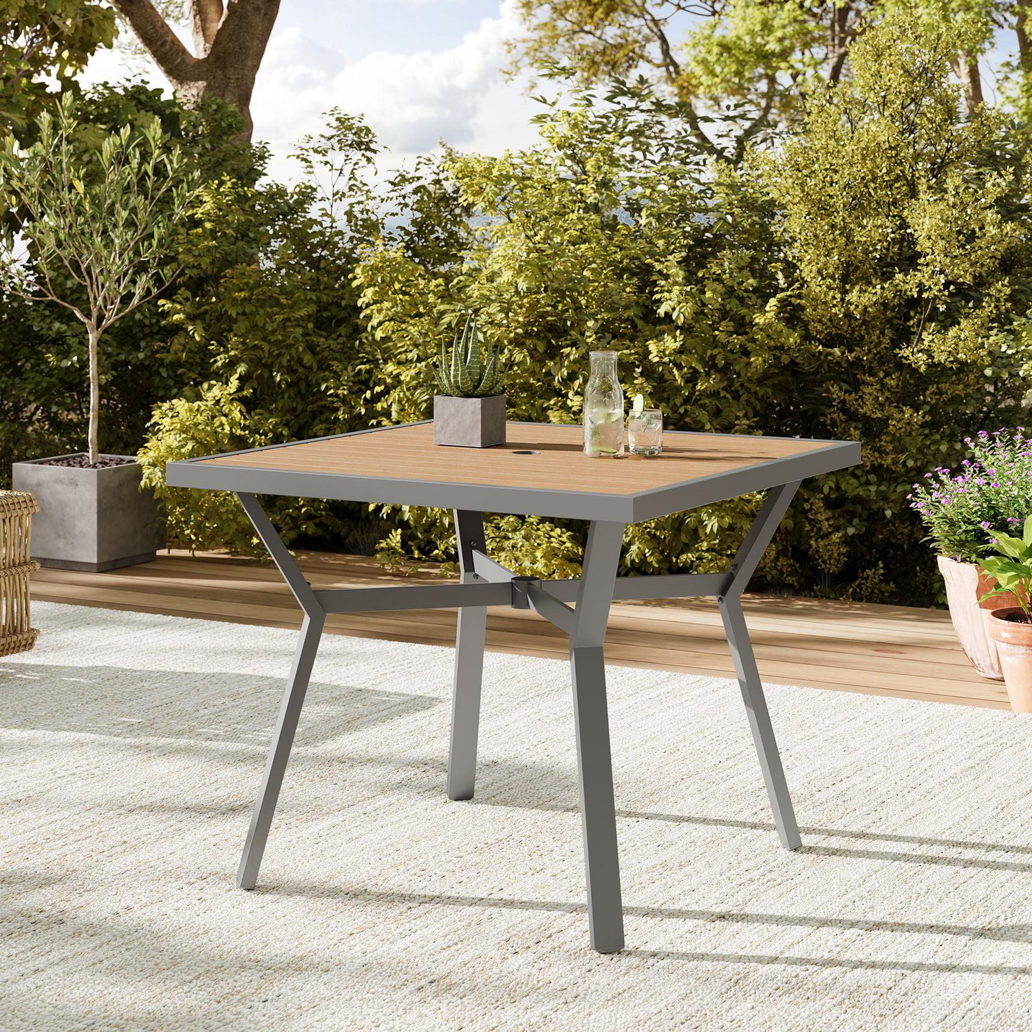 Songmics Home Sencillo Collection - Patio Table with Umbrella Hole, Faux Wood, Gray and Beige
