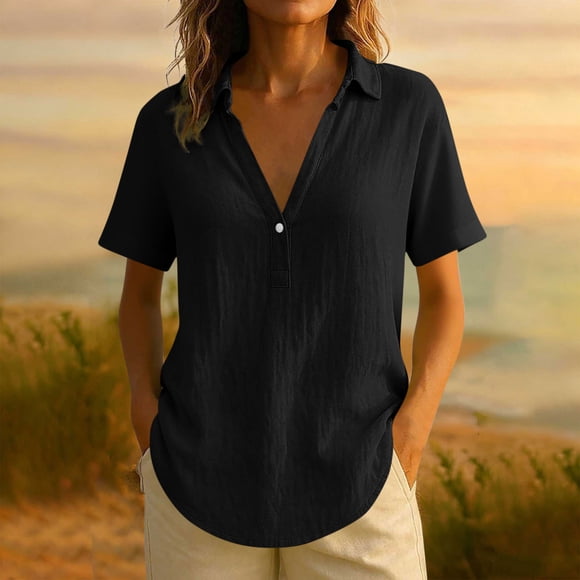 HongQid Linen Shirts for Women V Neck Collared Blouse Short Sleeve Office Work Tops Vintage Vacation Tees Shirt Blouse Tops