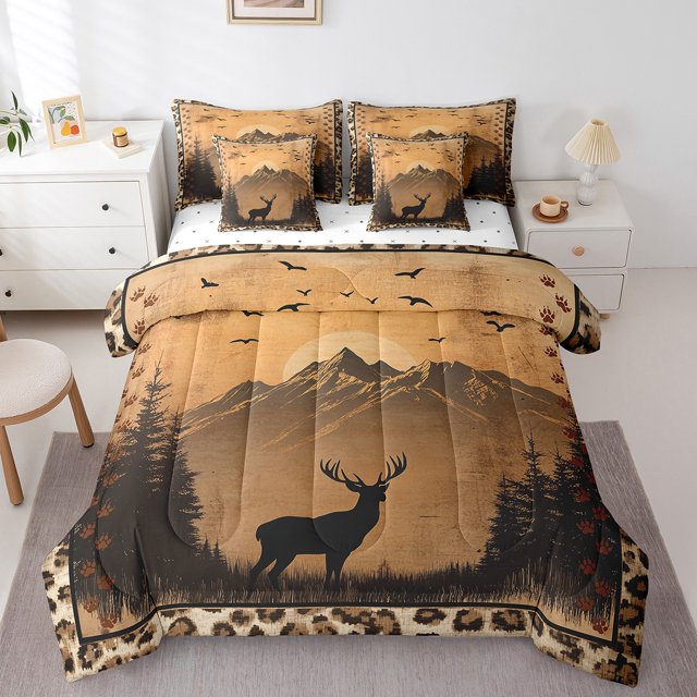 Comforters Twin Size Set with Sheets for Kids Deer Bedding,7 Pieces Bed in a Bag Twin Rustic Leopard Print Bedding Sets with Comforter, Sheets, Pillowcases and Shams