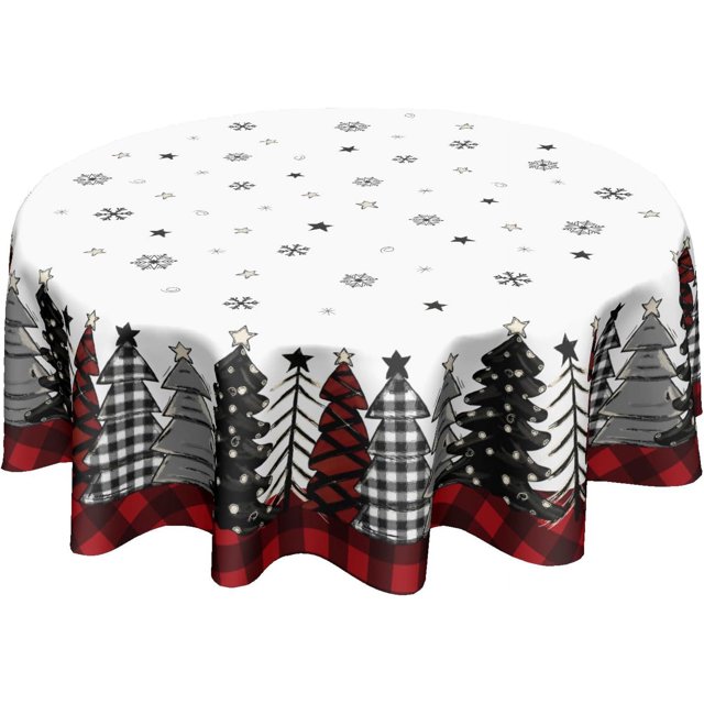 Nappe Ronde de Noël 60 Pouces Hiver Arbres de Noël Flocon de Neige Carreaux Buffalo Noirs et Rouges Nappe de Table Polyester de Fête de Noël Couverture de Table Ronde pour Salle à Manger Déco Maison