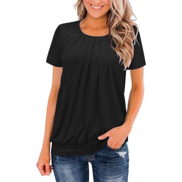 Meichang Hauts pour Femmes T-Shirts Plissés devant Manches Courtes T-Shirts d'Été Col Rond T-Shirts Décontractés Unis Basiques Amples Confortables Tuniques