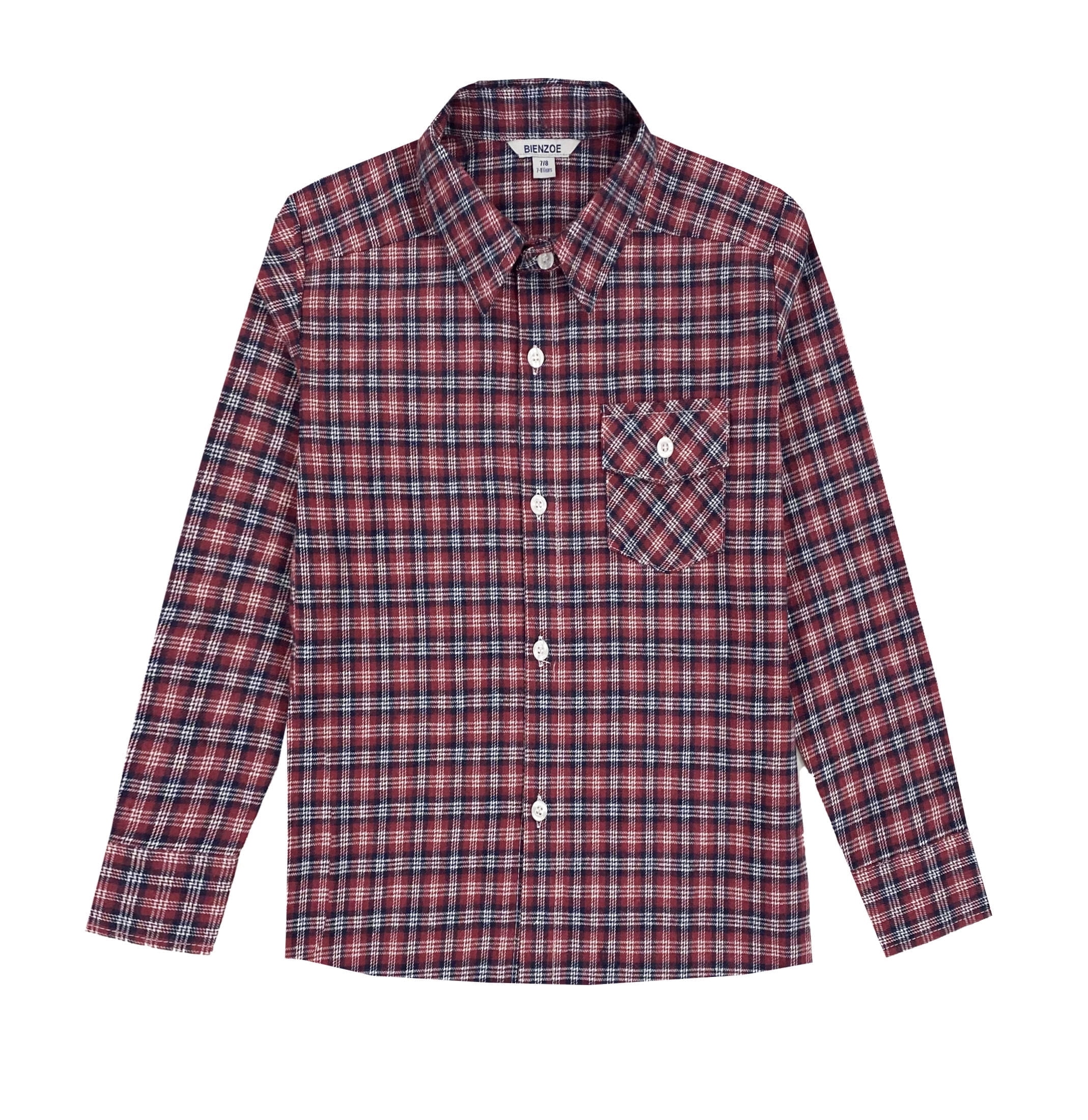 Bienzoe Boy's Flannel Button Down Long Sleeve Plaid Shirt Navy/Red 3/4