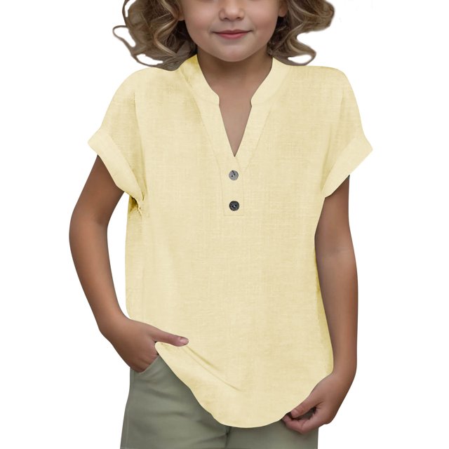 DecSea Linen Shirts for Kids 2025 Summer Button Down V Neck Short Sleeve Tops Casual Solid Blouses