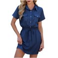 thumbnail image 2 of Ovzne Robes pour Femmes 2025 Robe de Plage Robe d'Été pour Femmes Aguichant Mode Couleur Unie Bouton Lien Manches Courtes Col Rabattu Robe Robe pour Femmes Manches Courtes Liquidation, 2 of 7