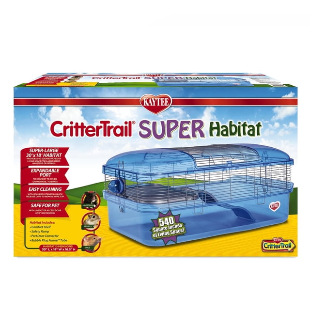 Kaytee CritterTrail SUPER Habitat with 540 square inches of living space, featuring a blue plastic base and wire top with a large access door, comfort shelf, safety ramp, and expandable port for connecting to other habitats, designed for large breed hamsters, gerbils, or mice.